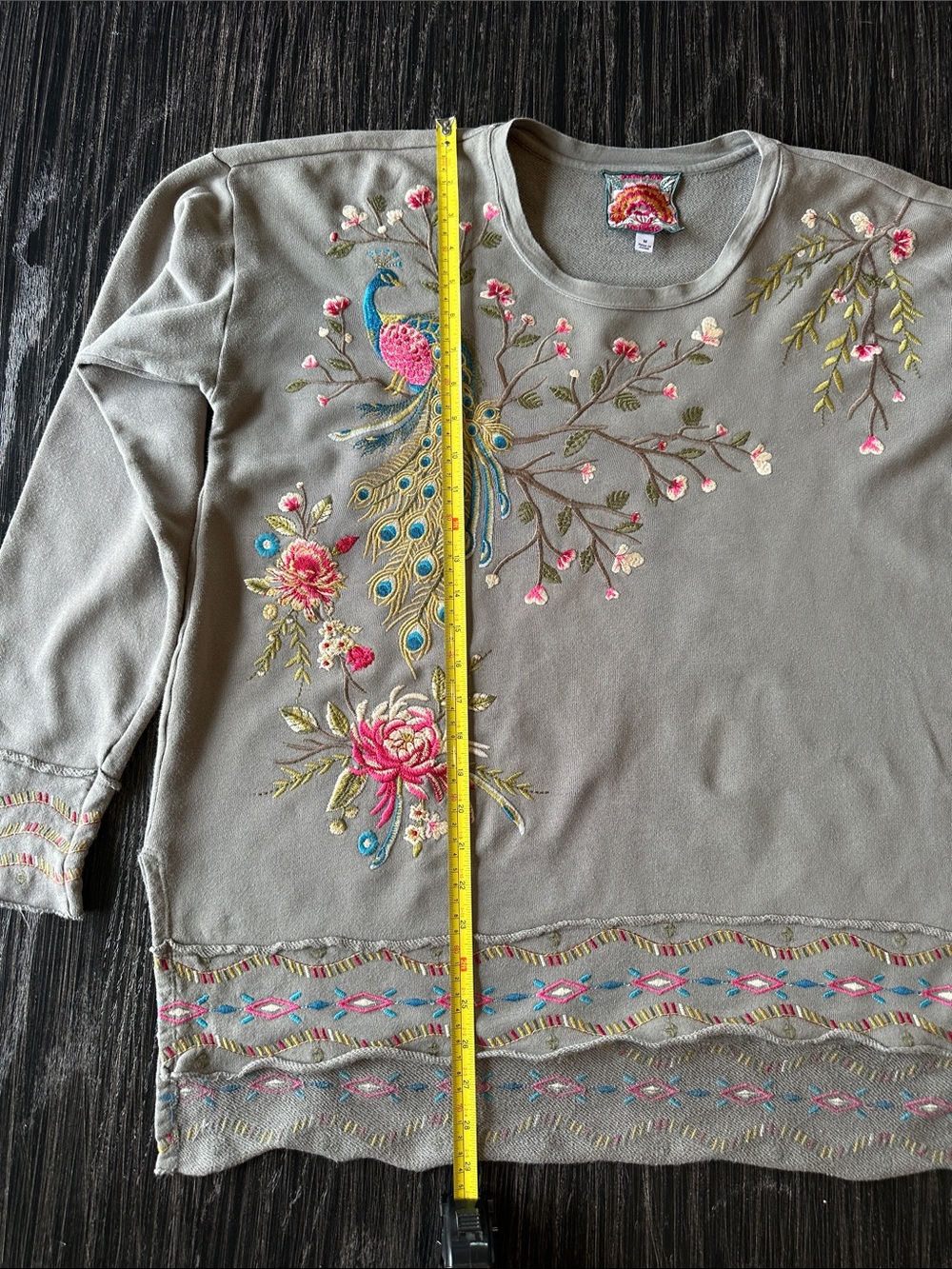 JOHNNY WAS Anzia Crewneck Sweatshirt Shirt Top Sage Green Peacock Embroidery, M - Picture 6 of 11